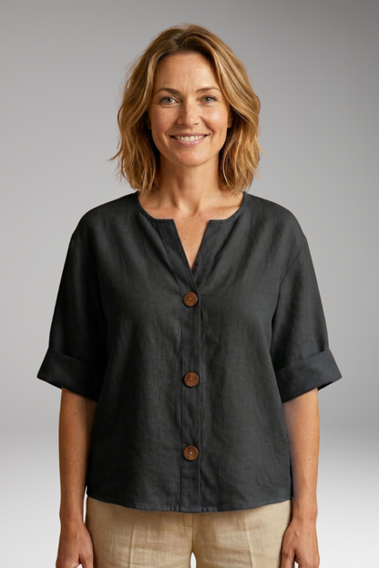 Women's Blouse | Notch Neck Boxy Button Front Top