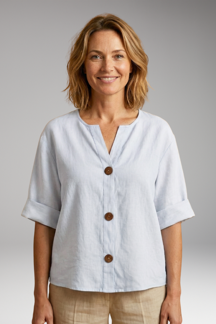 Women's Blouse | Notch Neck Boxy Button Front Top