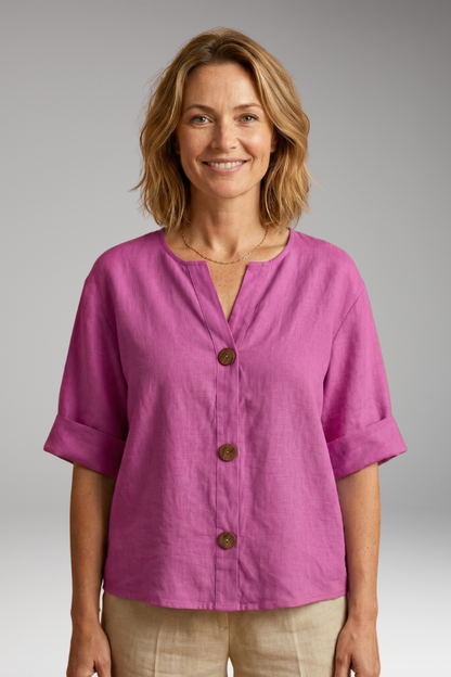 Women's Blouse | Notch Neck Boxy Button Front Top