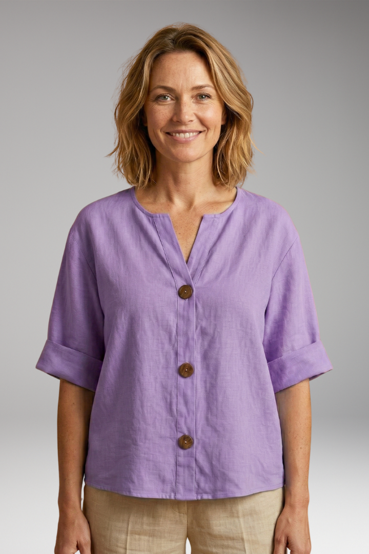 Women's Blouse | Notch Neck Boxy Button Front Top
