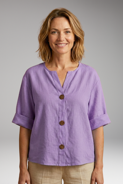 Women's Blouse | Notch Neck Boxy Button Front Top