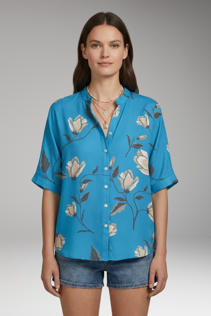 Women's Blouse | Relaxed Band Collar Short Sleeve Top