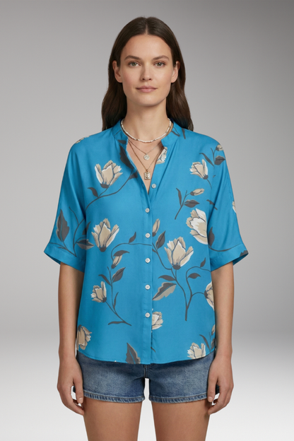Women's Blouse | Relaxed Band Collar Short Sleeve Top