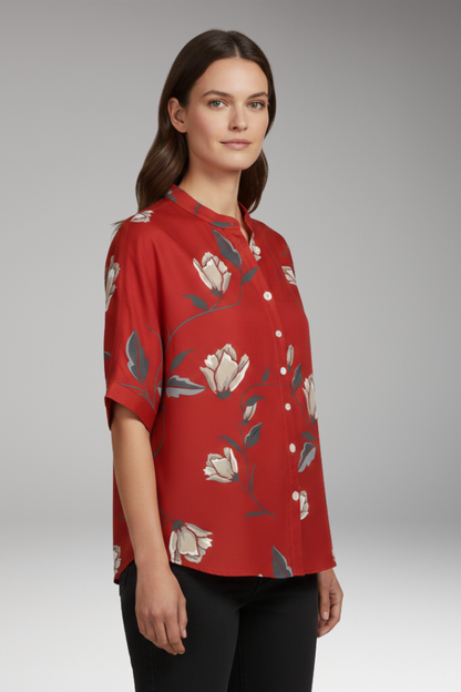 Women's Blouse | Relaxed Band Collar Short Sleeve Top