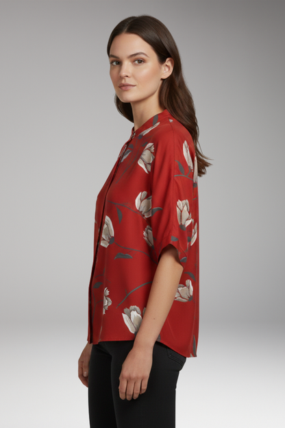 Women's Blouse | Relaxed Band Collar Short Sleeve Top