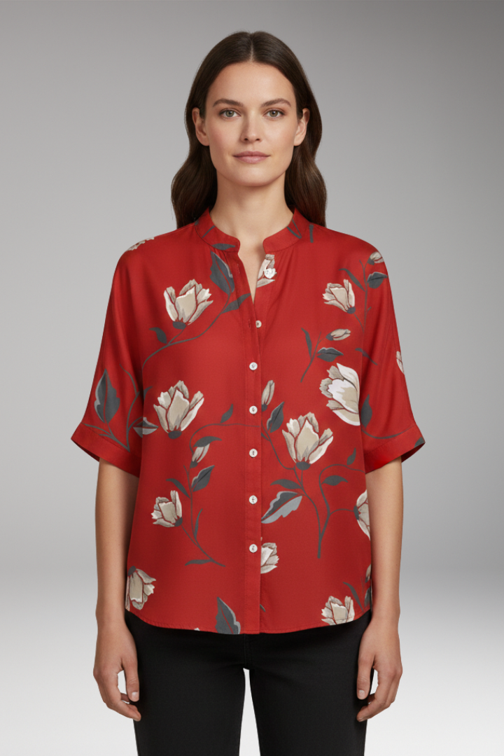 Women's Blouse | Relaxed Band Collar Short Sleeve Top