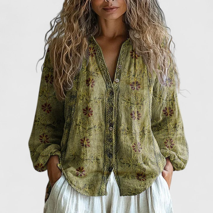 Women's Blouse | Retro Dragonfly Print Button Front Top
