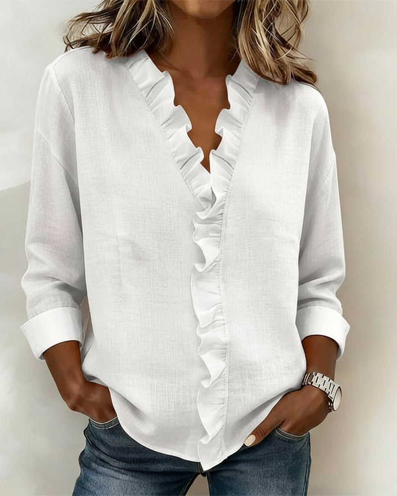 Women's Blouse | Ruffle Trim V Neck Linen Look Top