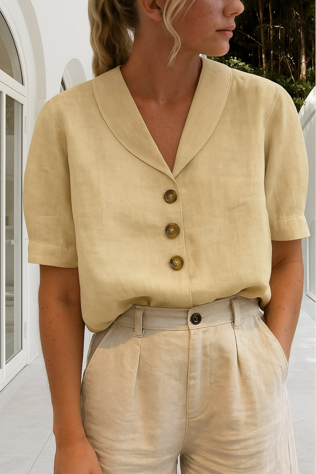 Women's Blouse | Shawl Collar Three Button V Neck Top