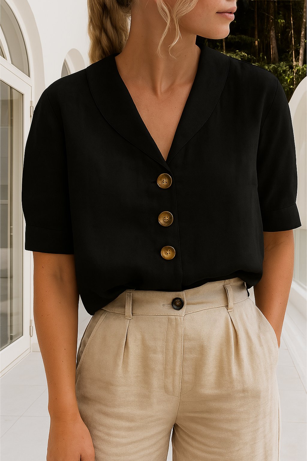 Women's Blouse | Shawl Collar Three Button V Neck Top