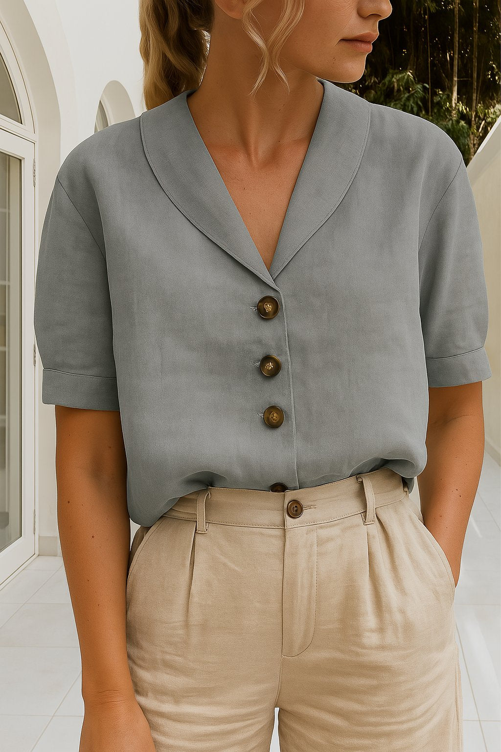 Women's Blouse | Shawl Collar Three Button V Neck Top