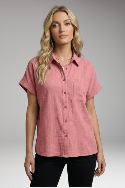 Women's Blouse | Short Sleeve Button-Down with Front Pocket & Relaxed Fit