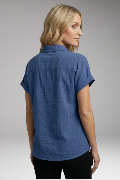 Women's Blouse | Short Sleeve Button-Down with Front Pocket & Relaxed Fit