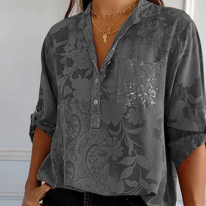 Women's Blouse | Tonal Floral with Roll-Tab Sleeves