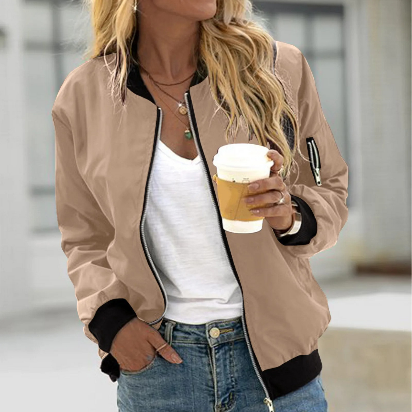Women's Bomber Jacket | Ribbed Trims, Sleeve Zip Pocket