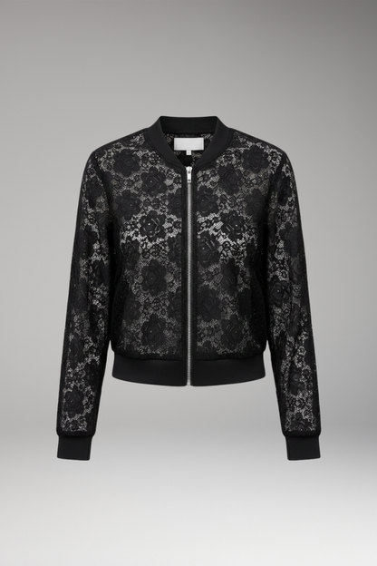 Women's Bomber Jacket | Sheer Floral Panels, Ribbed Trims