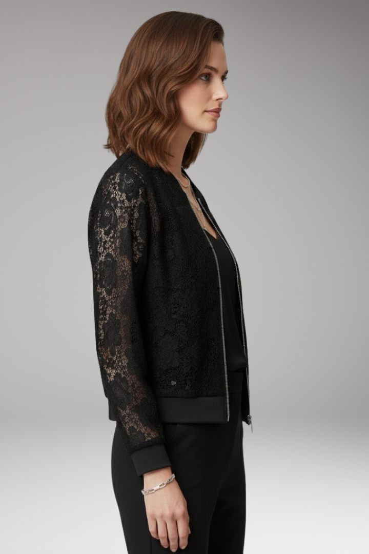Women's Bomber Jacket | Sheer Floral Panels, Ribbed Trims