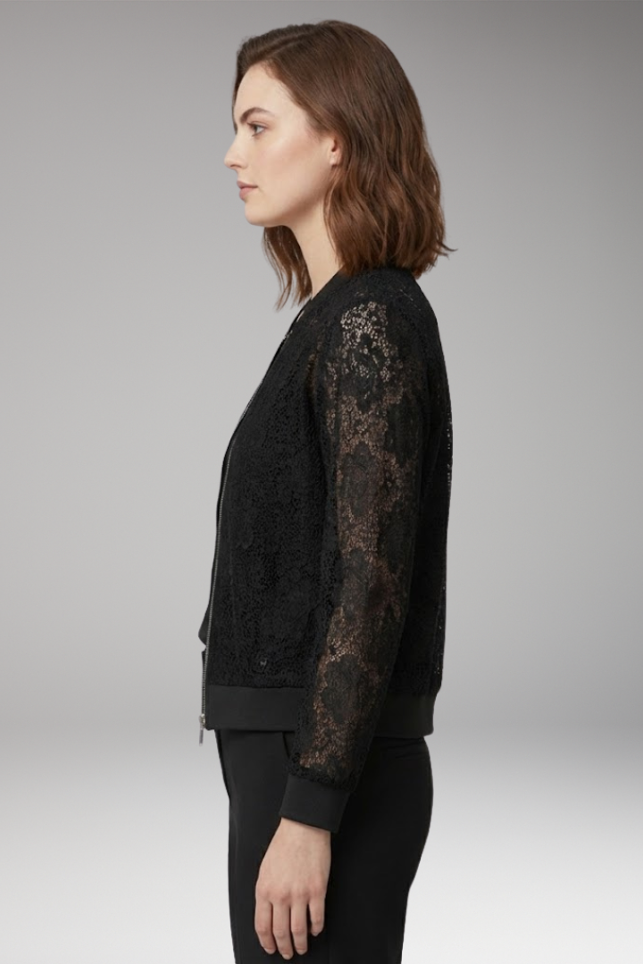 Women's Bomber Jacket | Sheer Floral Panels, Ribbed Trims