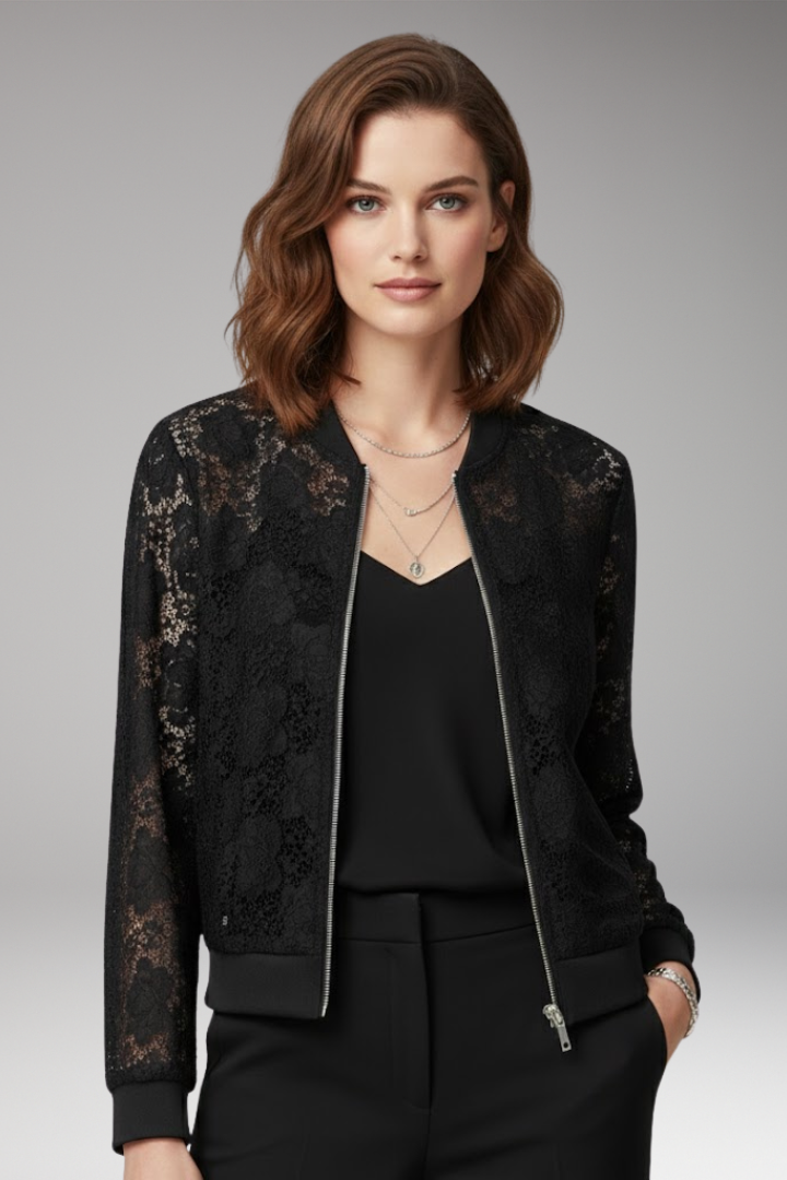 Women's Bomber Jacket | Sheer Floral Panels, Ribbed Trims