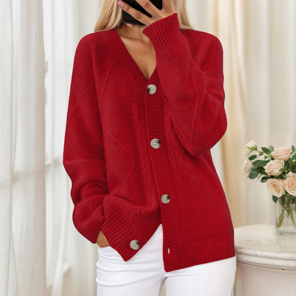 Women's Cable Knit Cardigan | Button-Up & Ribbed Trim