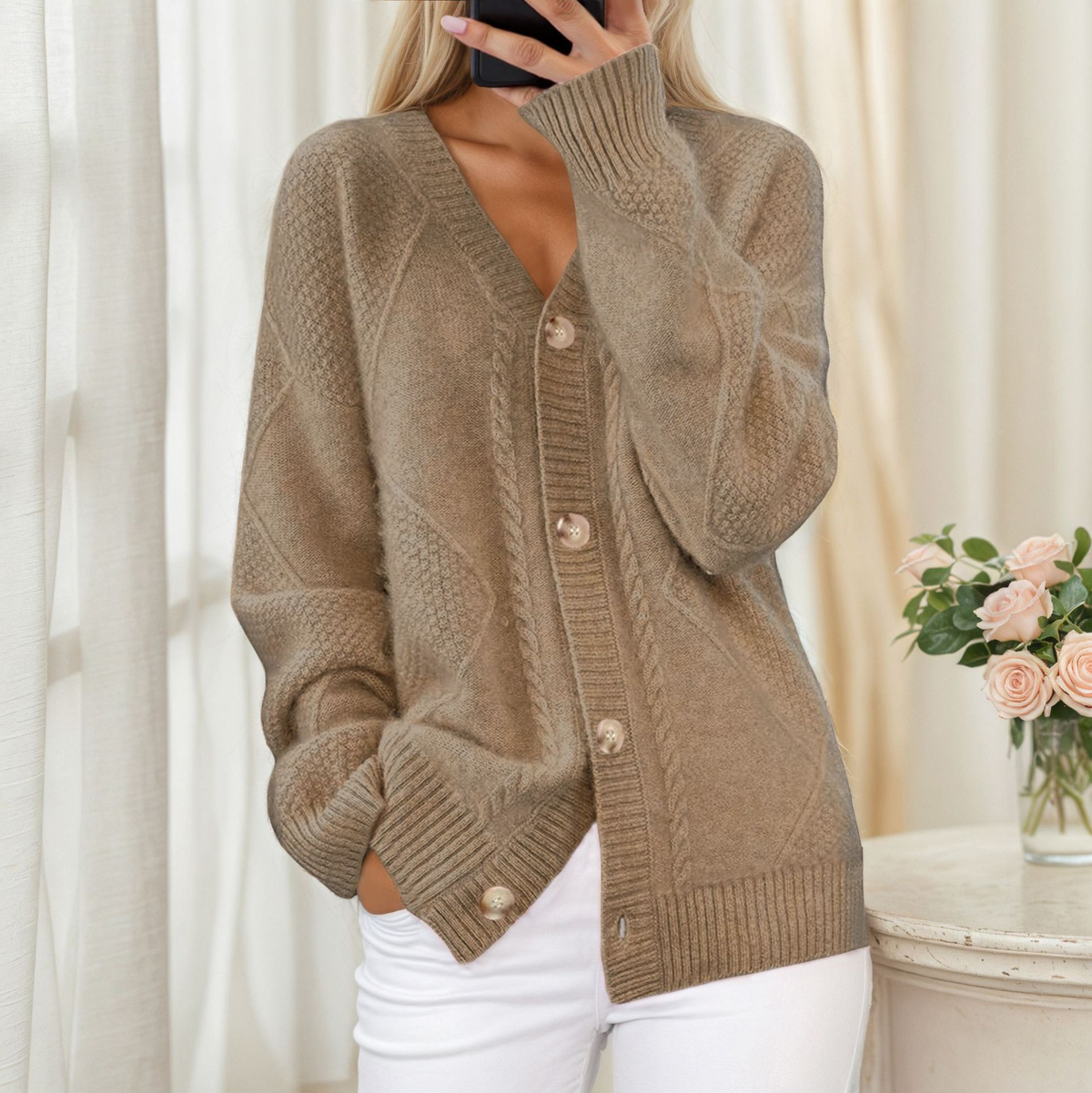 Women's Cable Knit Cardigan | Button-Up & Ribbed Trim