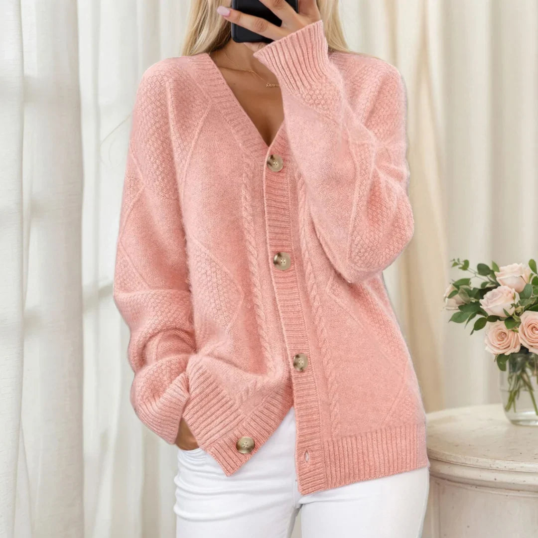 Women's Cable Knit Cardigan | Button-Up & Ribbed Trim