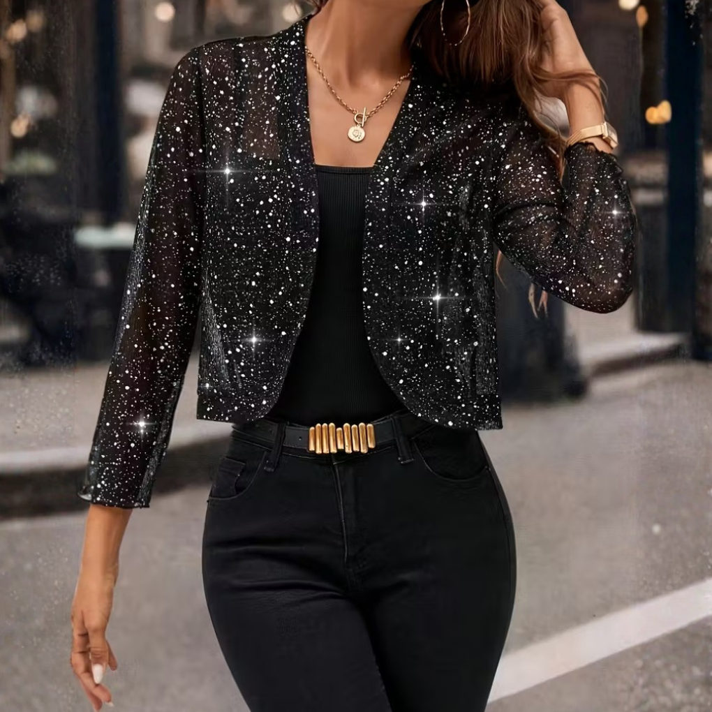 Women's Cardigan | Open Front, All-Over Glitter Specks