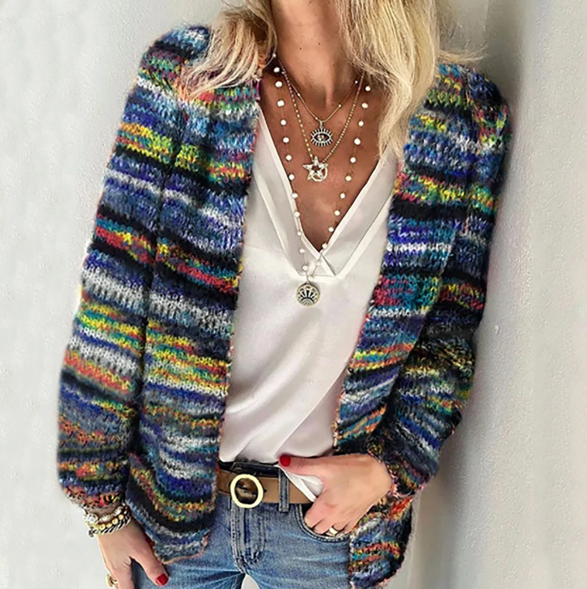 Women's Cardigan | Open Front, Multicolor Stripes
