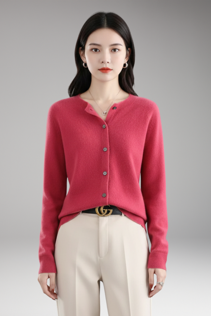 Women's Cardigan | Round Neck, Button Front, Smooth Line