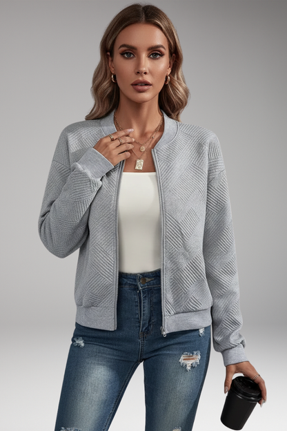 Women's Cardigan | Zip Front, Stand Collar, Ribbed Hem