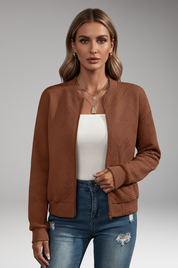 Women's Cardigan | Zip Front, Stand Collar, Ribbed Hem