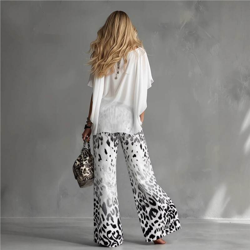 Women's Co-Ord Set | Batwing Blouse & Leopard Print Trousers