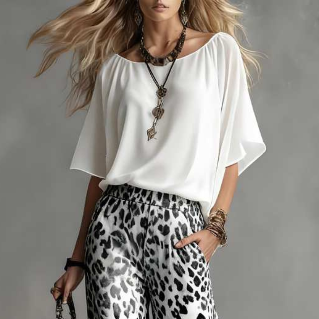Women's Co-Ord Set | Batwing Blouse & Leopard Print Trousers