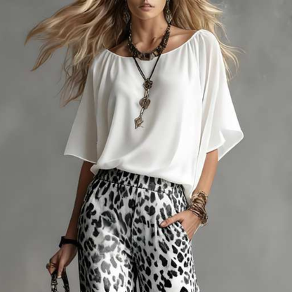 Women's Co-Ord Set | Batwing Blouse & Leopard Print Trousers