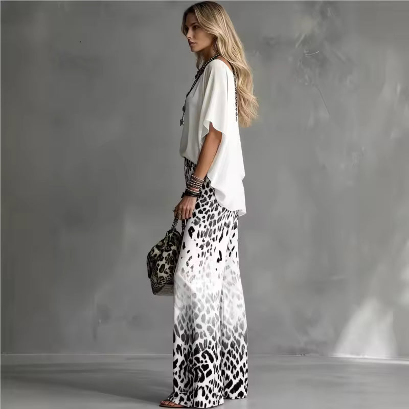 Women's Co-Ord Set | Batwing Blouse & Leopard Print Trousers
