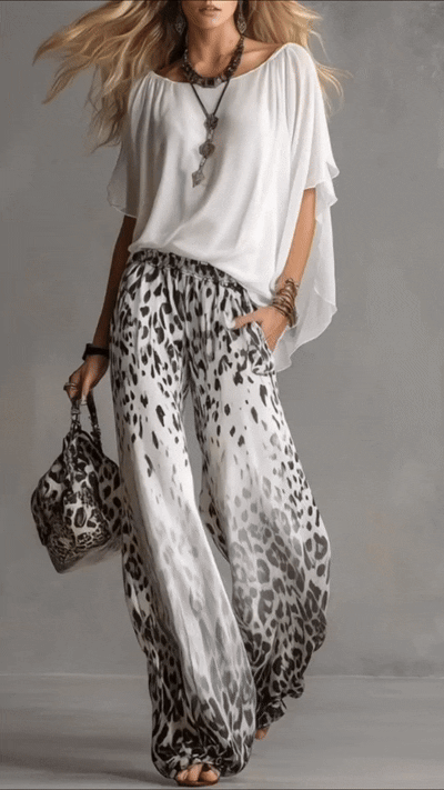 Women's Co-Ord Set | Batwing Blouse & Leopard Print Trousers