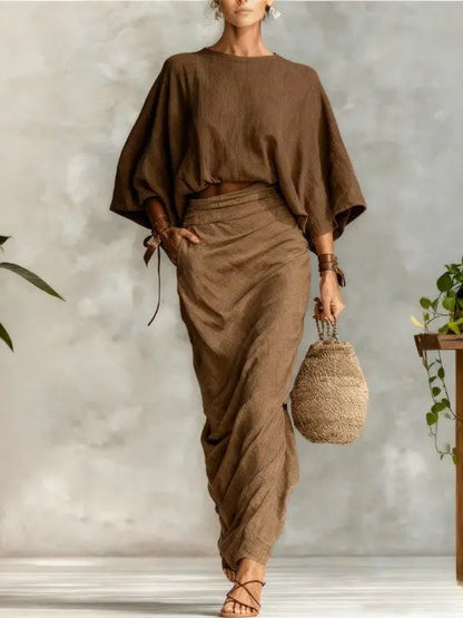 Women's Co-Ord Set | Batwing Sleeve Top & Long Skirt Design