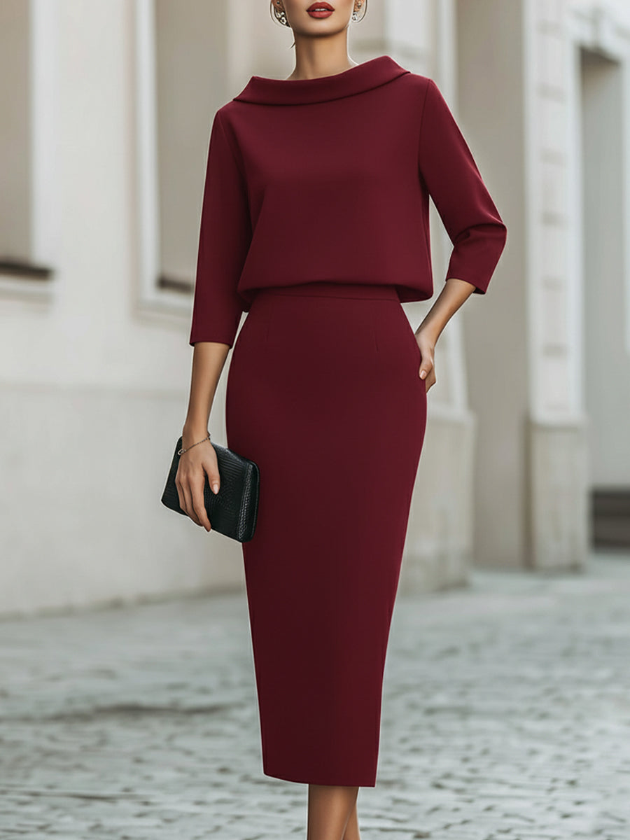Women's Co-Ord Set | Boat Neck Top & Straight Midi Skirt