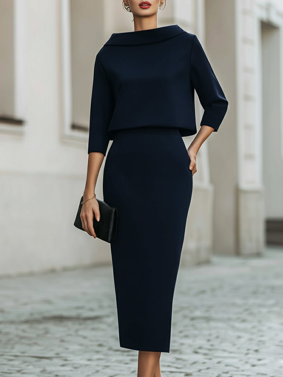 Women's Co-Ord Set | Boat Neck Top & Straight Midi Skirt