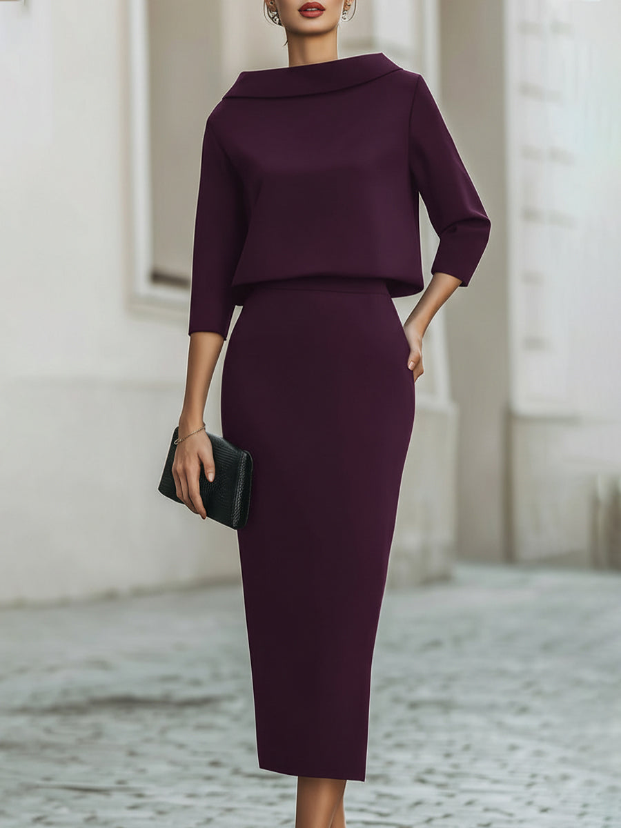 Women's Co-Ord Set | Boat Neck Top & Straight Midi Skirt