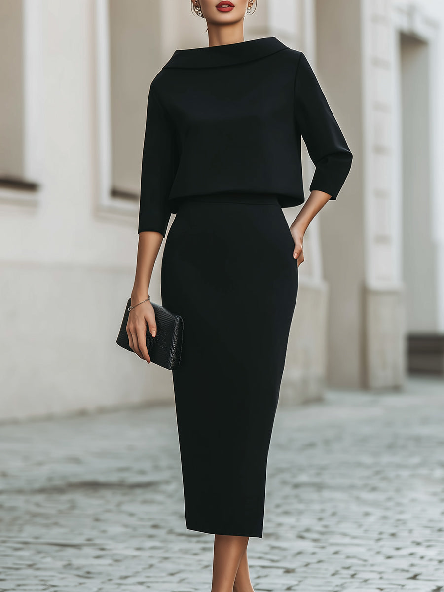 Women's Co-Ord Set | Boat Neck Top & Straight Midi Skirt