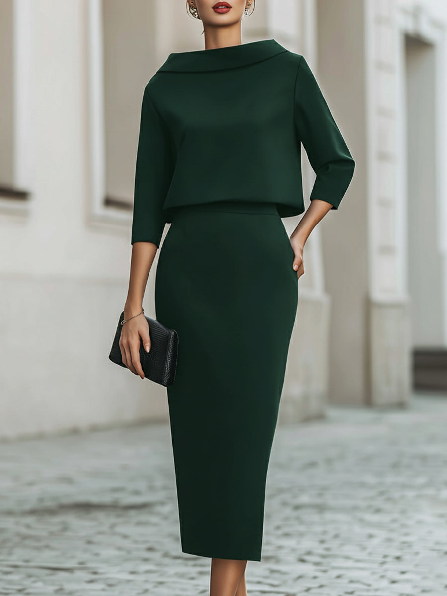 Women's Co-Ord Set | Boat Neck Top & Straight Midi Skirt