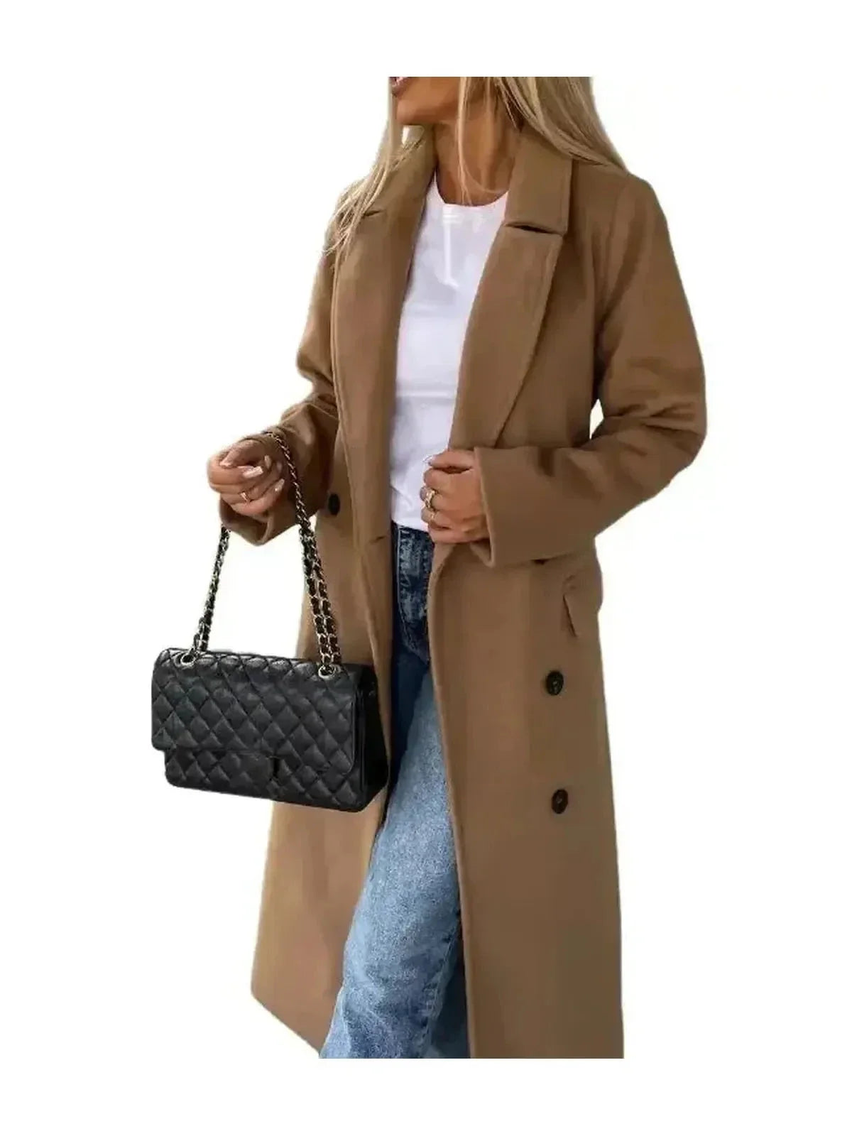 Lumina Wear Kim beige double-breasted wool coat, elegant and stylish with tailored fit and classic design, displayed on a hanger.
