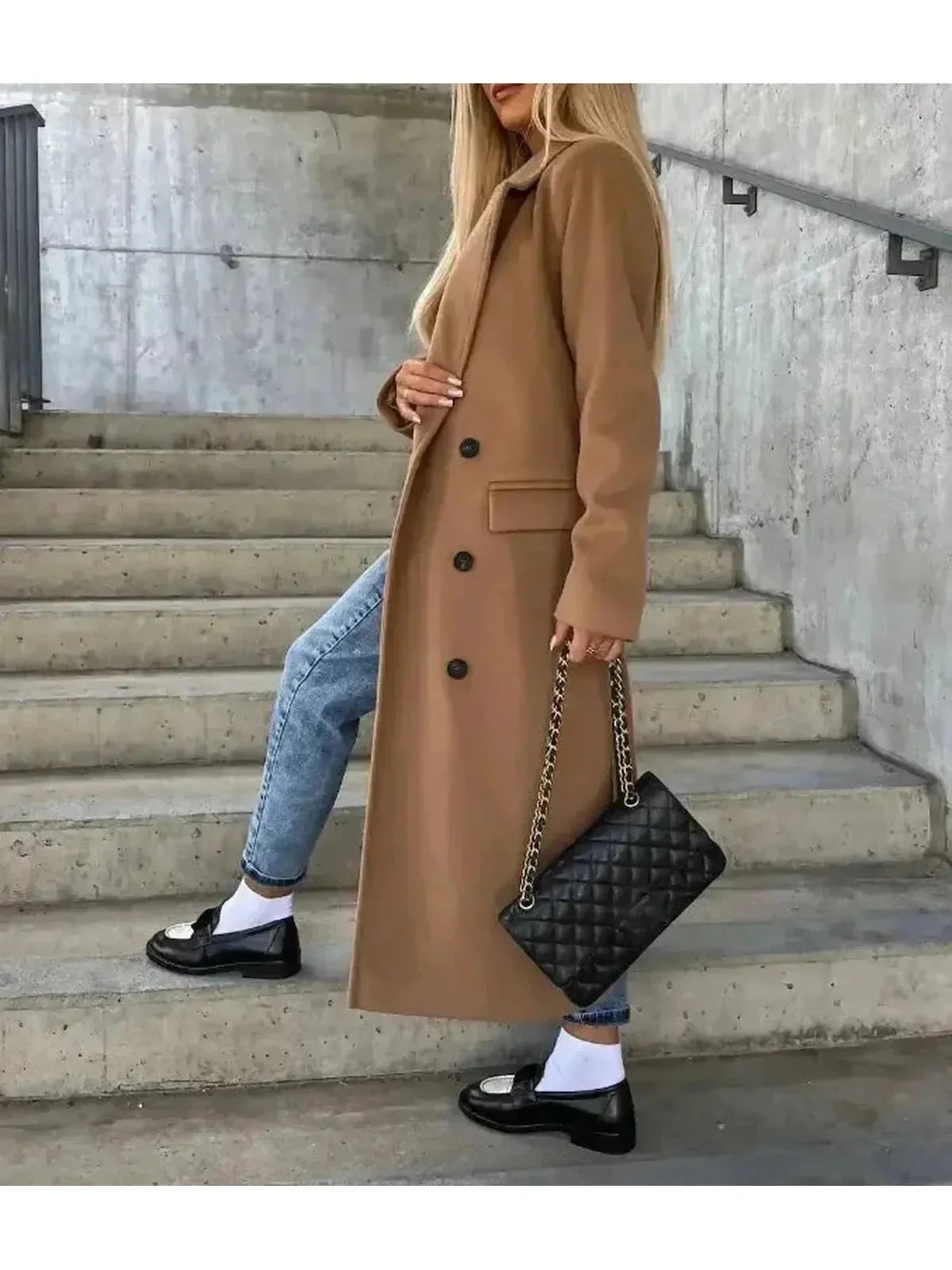 Beige Lumina Wear Kim double-breasted wool coat with tailored fit, stylish lapels, and classic design, perfect for sophisticated winter wear.