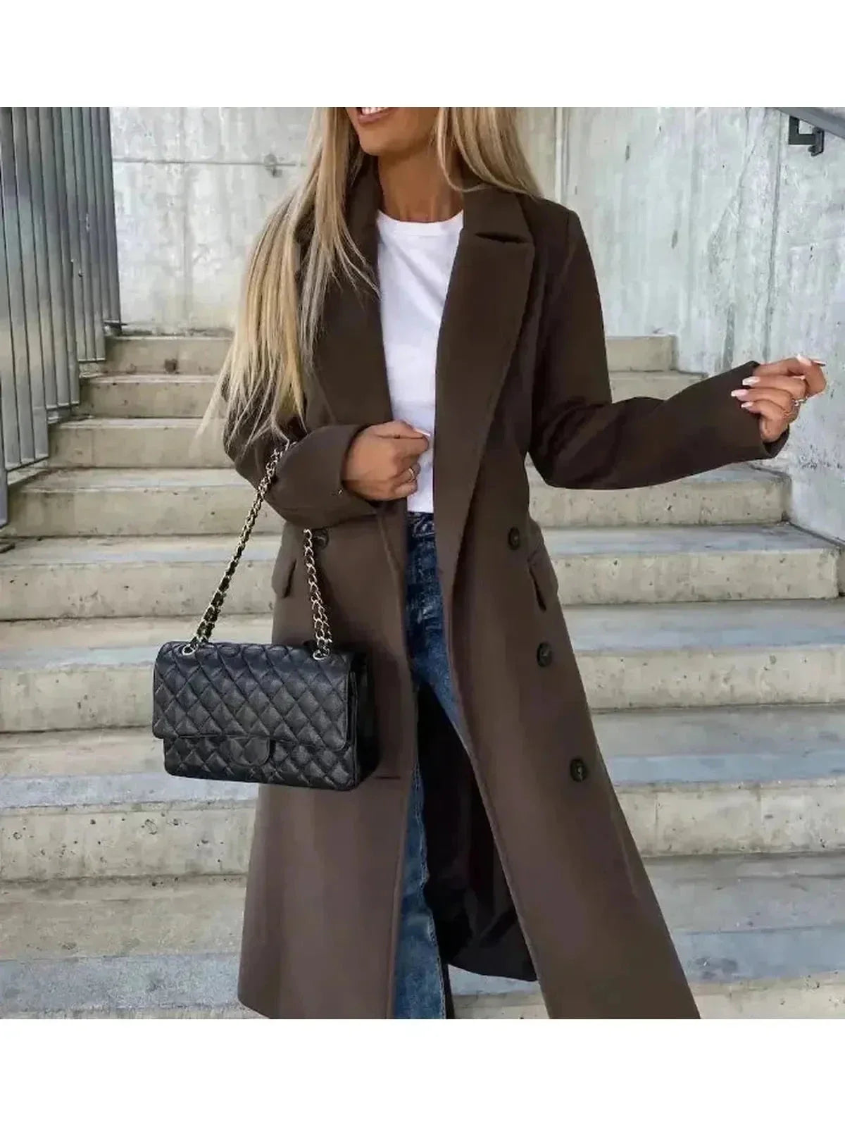 Beige Lumina Wear Kim double-breasted wool coat displayed on a hanger, featuring a stylish, elegant design.