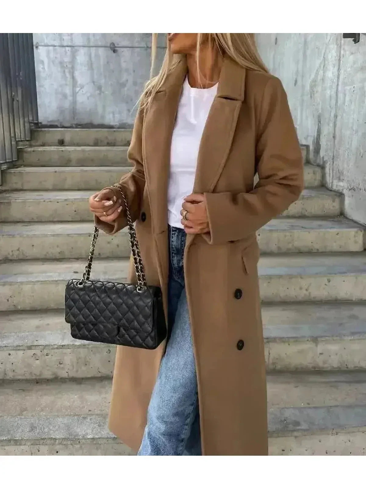 Beige Lumina Wear Kim double-breasted wool coat featuring a tailored fit and classic design, shown on a model.