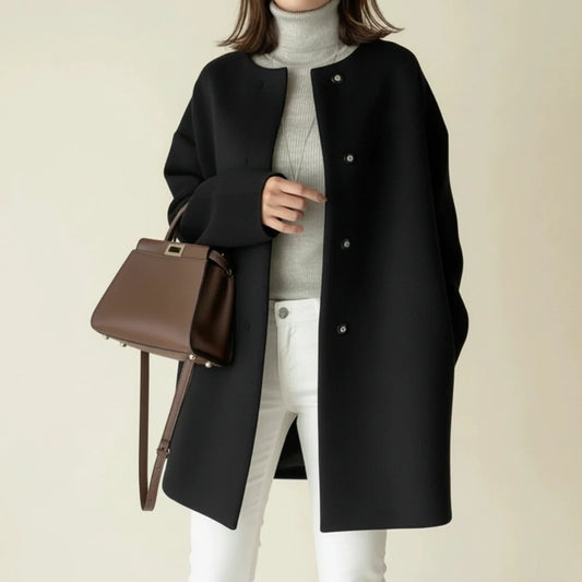 Women's Collarless Winter Coat | A-Line Silhouette & Mid-Length