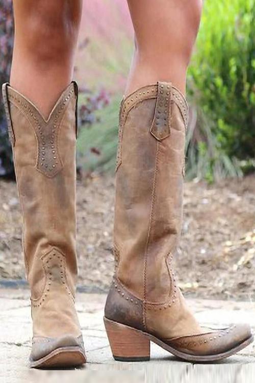 Women's Cowboy Boots | Studded Leather, V-Cut Shaft
