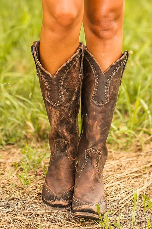 Women's Cowboy Boots | Studded Leather, V-Cut Shaft
