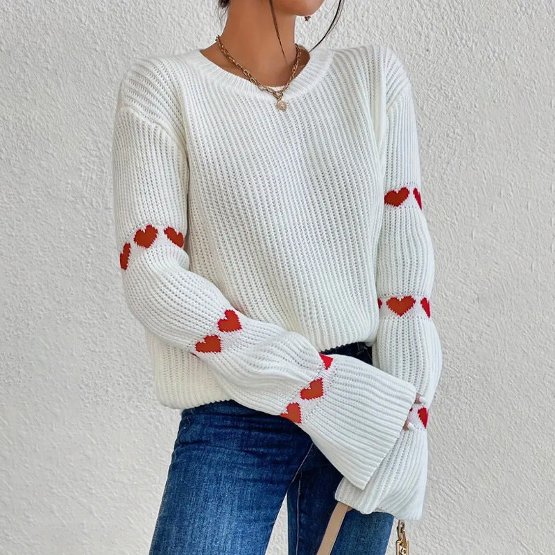 Women's Crew Neck Sweater | Heart Print & Ribbed Knit